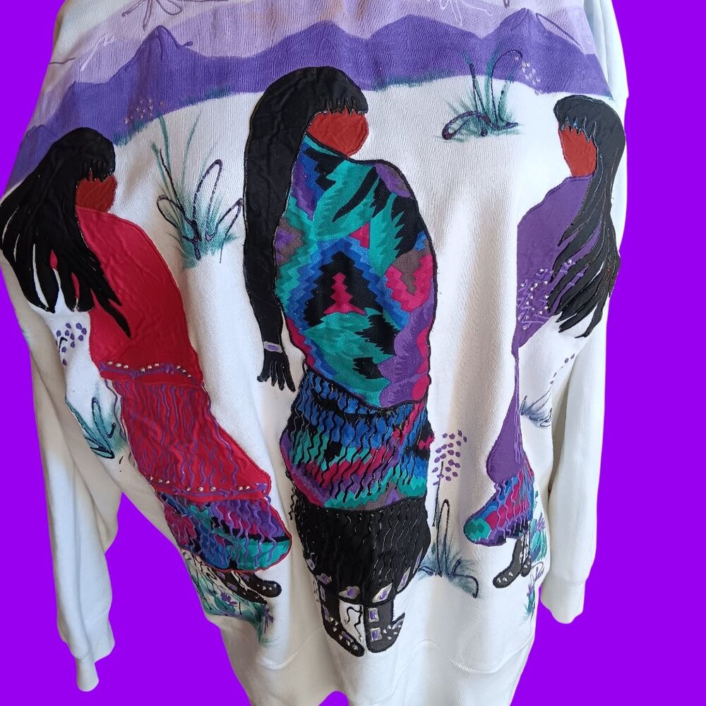 Large Vintage Sweatshirt 80's Southwestern Hand-Painted Embellished Del Rio